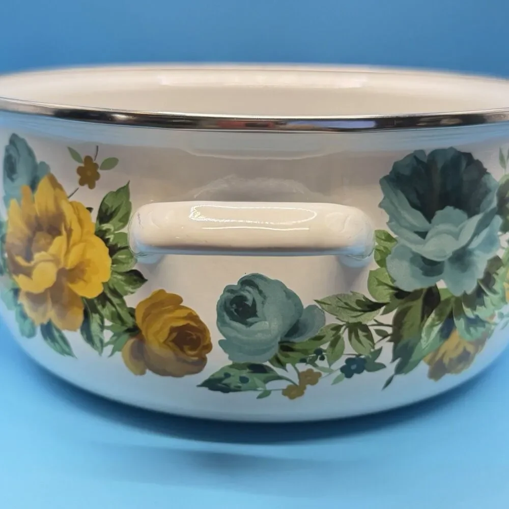 Pioneer Woman Floral Enamel Casserole Pot w Lid Green Blue Yellow Roses 2813JOC